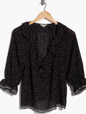 Max Studio Black Polka Dot Ruffle V-Neck Blouse Size small NWT